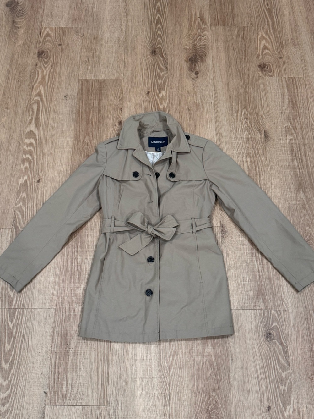 Lands’ End Khaki Trench Coat Belted Double Breasted Polka Dot Lining Size S